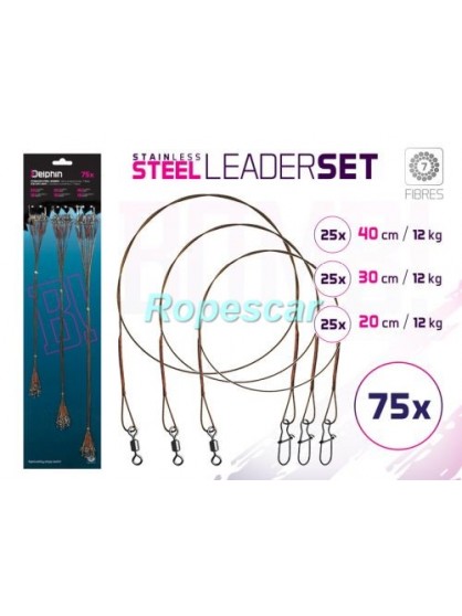 Set x 2 strune din oţel 12 kg. LeaderSet BOMB! cu vârtej şi carabină / 7 fibre - Delphin